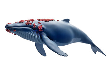 A blue whale with red barnacles on its back, swimming in a transparent background, detailed skin texture, smooth lighting, clean render