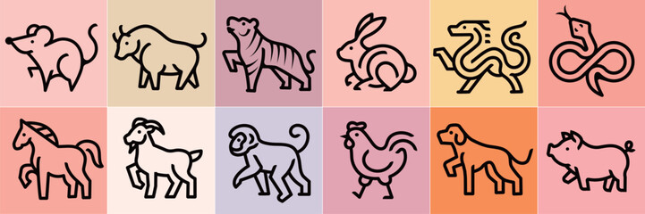 Chinese horoscope zodiac collection, Minimalist line icons of the 12 Chinese zodiac animals, for New year, Set of mascots: rabbit, dragon, snake, tiger, ox, rat, pig, dog, rooster, monkey, goat, horse