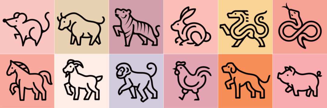 Chinese horoscope zodiac collection, Minimalist line icons of the 12 Chinese zodiac animals, for New year, Set of mascots: rabbit, dragon, snake, tiger, ox, rat, pig, dog, rooster, monkey, goat, horse