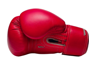 Single red boxing glove, striking pose on white.  Powerful symbol of competition, strength, and victory. Ideal for sports, fitness, or motivational concepts.