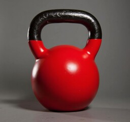 Bright red kettlebell with black handle standing upright on a plain gray background, minimal fitness equipment concept for strength training visuals