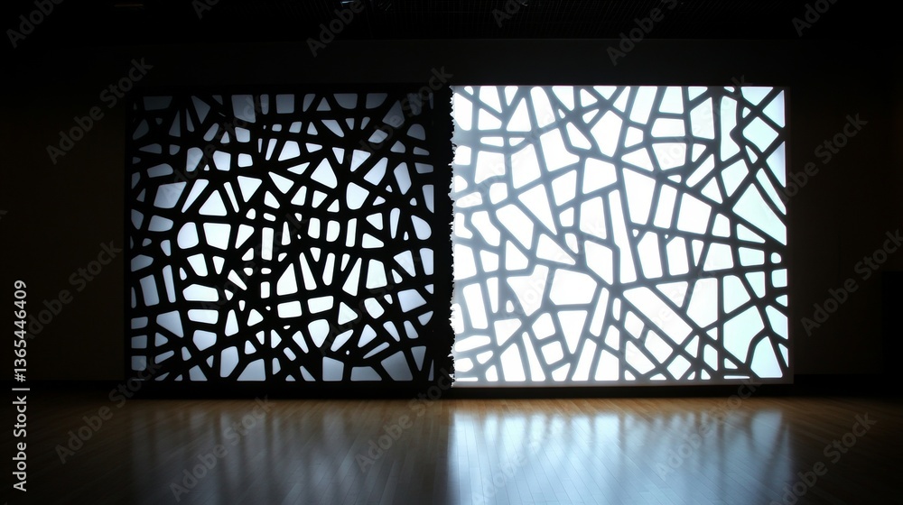 Poster split wall featuring contrasting geometric patterns one side black and the other white creating a vi