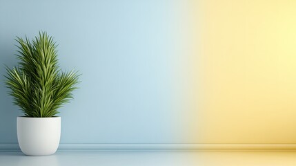 Tropical plants arranged in modern pots enhance the vibrant atmosphere of a blue and yellow backdrop, perfect for contemporary decor