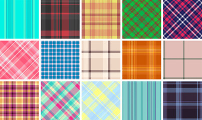 Geometric plaid patterns for fabric and textiles, featuring classic checks and stripes for shirts, clothes, or trendy backgrounds.