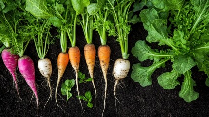 Perennial vegetables root crops. Colorful radishes growing in rich soil with lush green leaves.