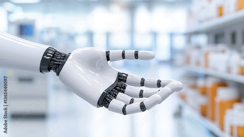 Poster a robotic hand extends towards the viewer, designed with intricate details, set against a bright, bl