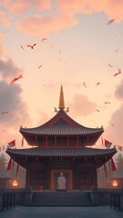 Fototapeta premium A stunning temple at sunset, surrounded by birds, ideal for a phone wallpaper. 