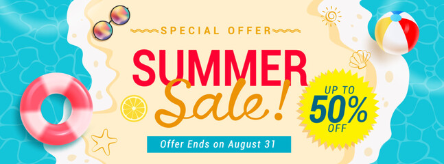 Summer sale banner design. top view of summer beach background 