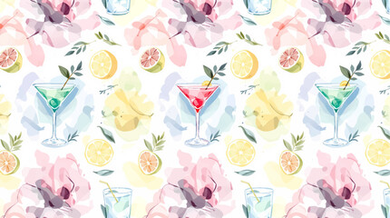 Vibrant watercolor illustration of various tropical cocktails with umbrellas and fresh fruit	