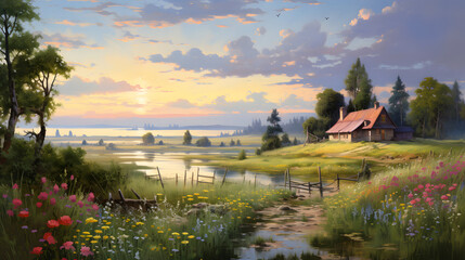 Obraz premium fantasy flowers coastal landscape background poster decorative painting 