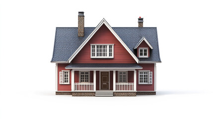 Red house with blue roof and white trim on white background