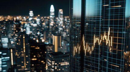 Close-up of a golden line chart against a dark backdrop, highlighting market trends above a blurred city skyline at night
