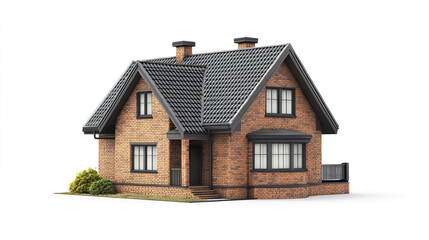 charming brick house with dark roof on white background