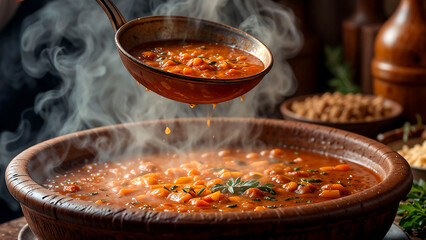 Chef Ladling Hot Harira Soup into Rustic Clay Bowl in a Moroccan Kitchen Setting