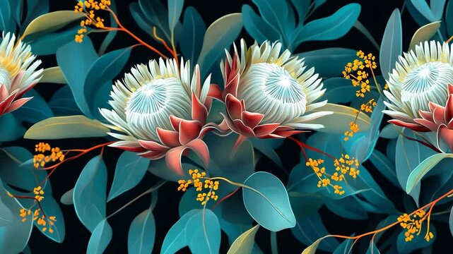 Beautifully detailed floral pattern featuring protea flowers and vibrant foliage on a dark background