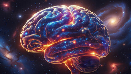 A surreal depiction of a human brain formed from vibrant cosmic elements, including nebulae and star clusters, set against a deep space backdrop in high resolution.