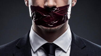 Close-up of a man's mouth covered with dark-red tape, wearing a suit and tie, symbolizing censorship, silence, or suppressed speech.  Powerful visual for social commentary