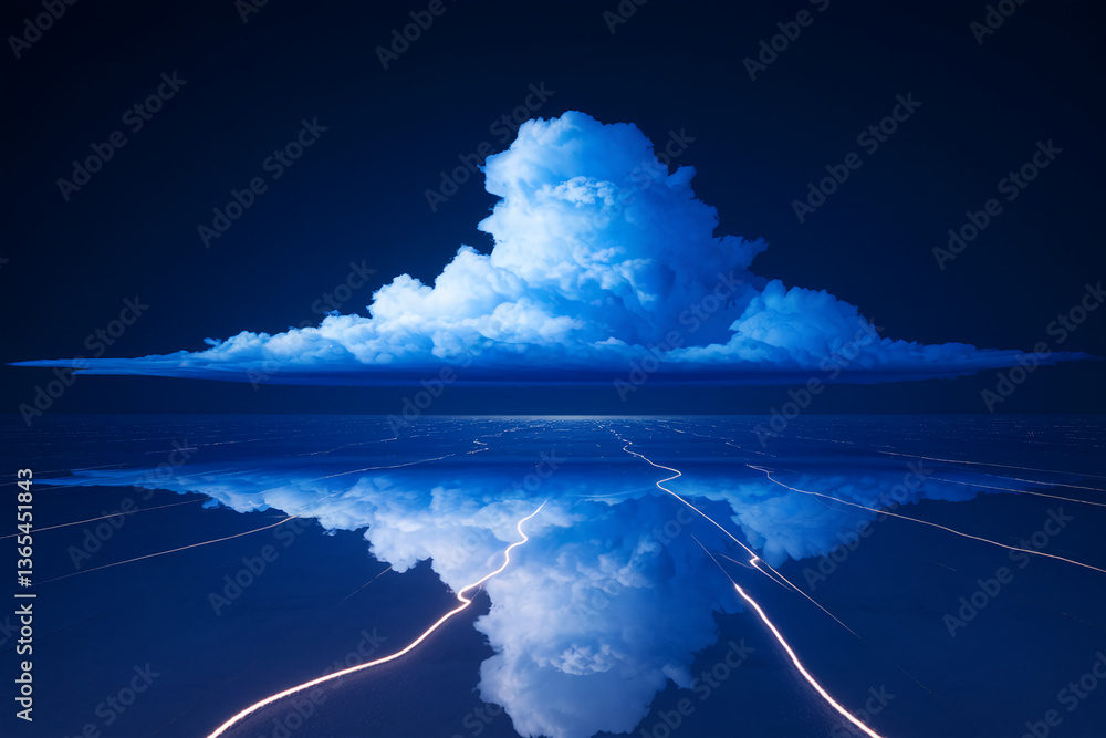 Poster blue cloud formation reflected in a dark blue surface with light trails, creating a serene and atmos