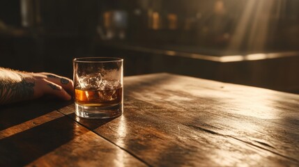 A tattooed arm resting on a polished wooden table holding a glass of whiskey.