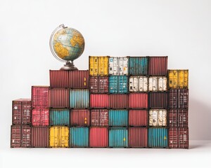 Obraz premium Colorful Shipping Containers and Globe Global Trade, Logistics, Import, Export Concept.
