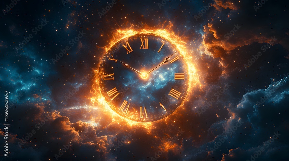 Poster majestic clock floating in the sky illuminated with a glowing effect representing the mystical natur