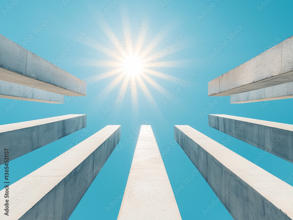 Poster minimal architectural structure with vibrant sunlight and blue sky, creating serene atmosphere