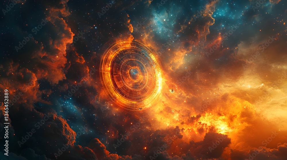 Poster enigmatic formed in the sky surrounded by celestial elements representing the vastness of time and s