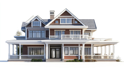 Elegant residential house with wraparound porch on white background