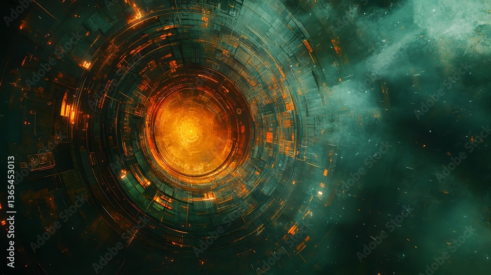 Poster space station nestled within a colorful nebula depicting a cyberpunk vision of abstract art and anci