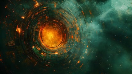 Fototapeta premium Space station nestled within a colorful nebula depicting a cyberpunk vision of abstract art and ancient mysteries