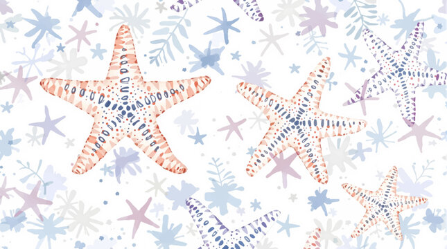 Seamless watercolor pattern of hand drawn nautilus shells and smooth sea pebbles on a white background, Watercolor pattern shells on white background	