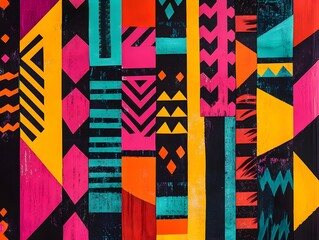 A bold abstract african pattern featuring a mix of geometric shapes and vibrant colors