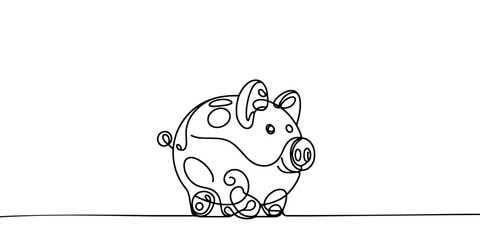 Piggy bank in continuous line art drawing style. Pig moneybox black linear sketch isolated on white background. Vector illustration