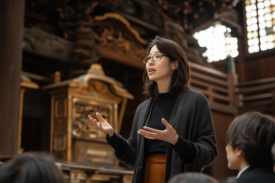 Japanese female tour guide passionately explains cultural details to group in traditional setting