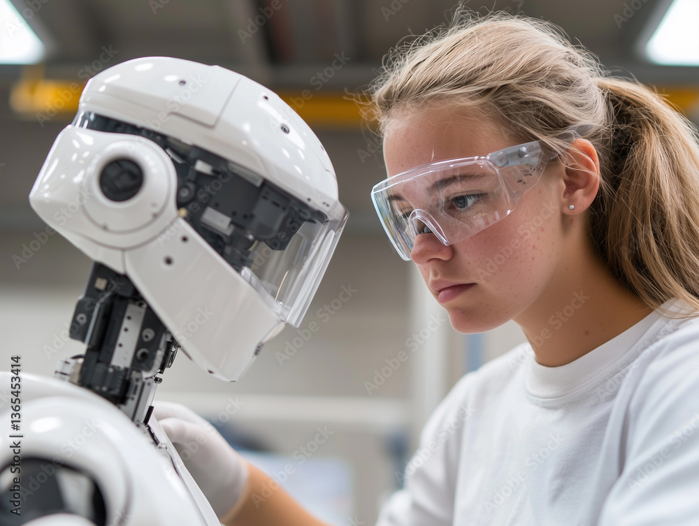 Poster woman in robotics lab programs humanoid robot, focused and determined