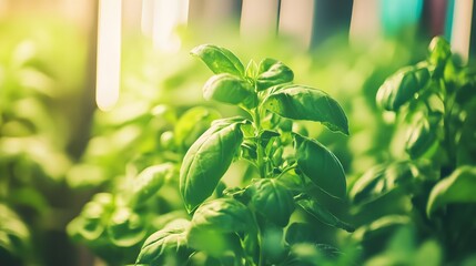 A close-up shot captures lush green basil plants growing indoors under artificial light
