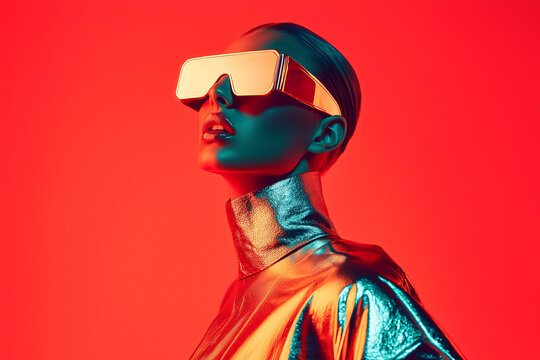 Futuristic model in metallic outfit and visor against red background