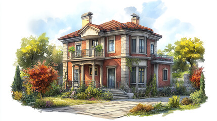 Obraz premium Charming residential house with red roof and lush garden