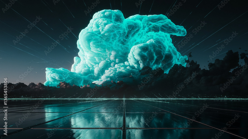 Poster abstract image of a teal cloud formation over a reflective surface, showcasing a futuristic or fanta
