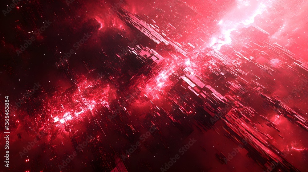 Poster striking red and black space abstract creating a dark and mysterious cyberpunk scene filled with cos