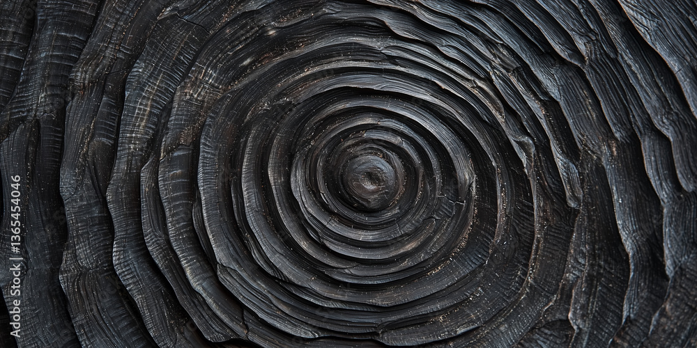 Poster close up of textured, dark, circular pattern resembling tree rings, showcasing intricate details
