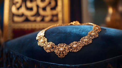 A gold necklace with intricate floral designs and pearl accents is displayed on a plush, dark blue cushion