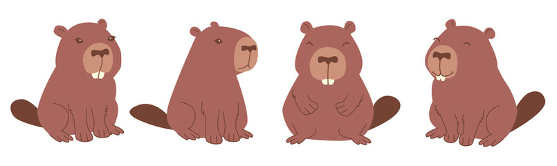 Wild beaver set. Funny character in various poses cartoon design. Animals Isolated on white background.