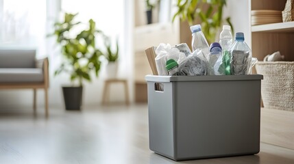 A gray plastic storage basket filled with recyclable plastic bottles and bags sits in a modern living room
