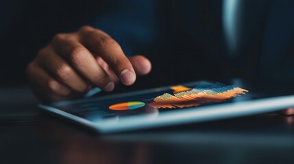 A businessman holding a smart tablet reviewing data during a meeting.