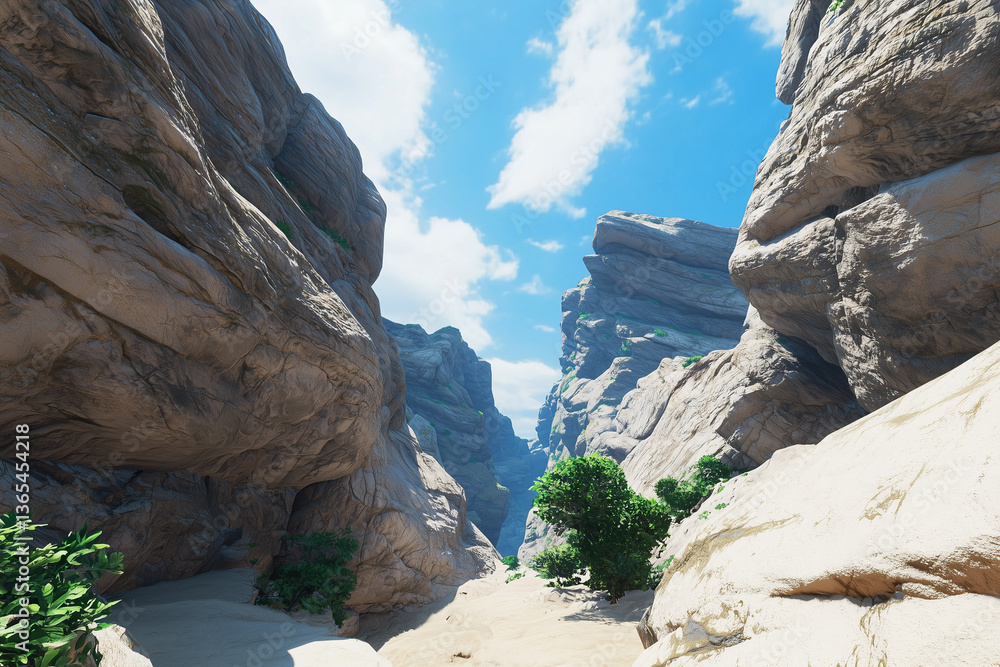 Poster sunlit canyon with towering rock formations and sparse greenery under bright blue sky