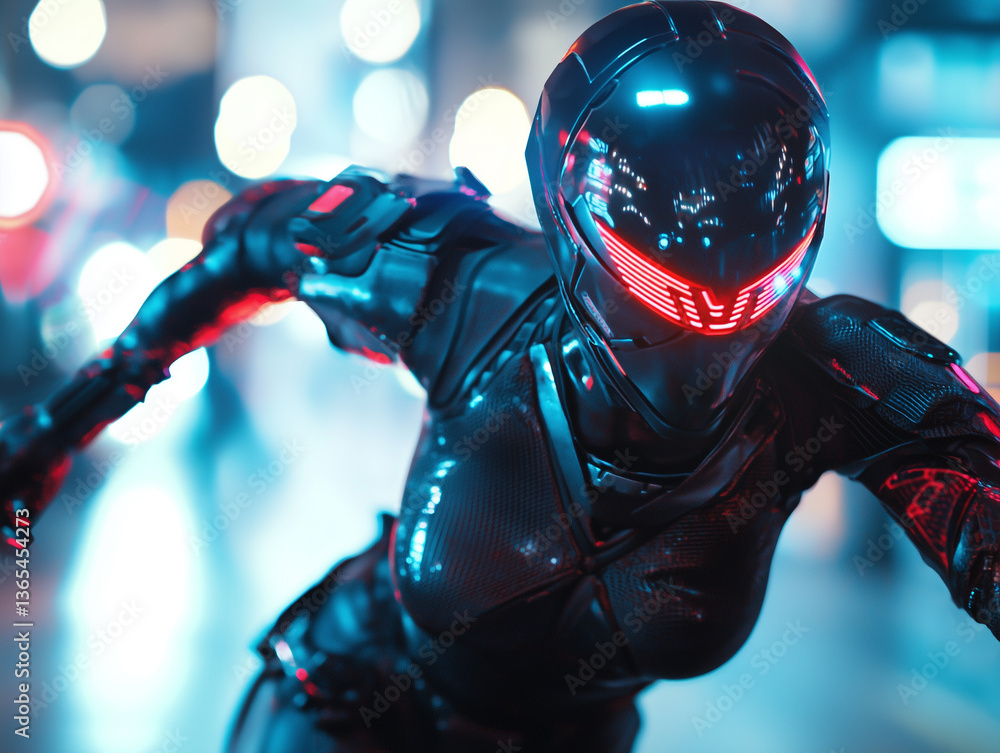Poster futuristic female assassin in sleek armor running through neon lit cityscape. intense and dynamic