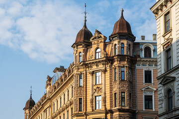 A old  historic eclectic style building in Riga Marijas street 9, Latvia. The facade features...