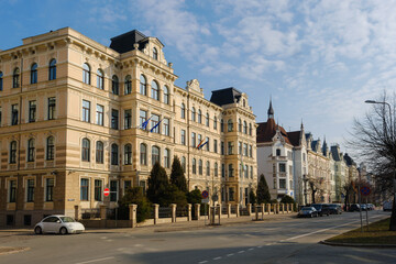 Obraz premium A row of historic buildings in Riga, Latvia, Elizabetes street 11, showcasing elegant 19 th century architecture. The ornate facades feature intricate details, large windows, and decorative elements.
