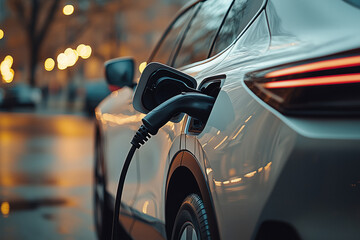 Naklejka premium Close-up of a white electric car being charged at a charging station on a city street.